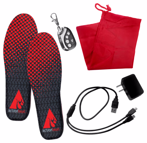 Actionheat insole having black color and red color spots on above part also have charger wire and have red color pouch and controller.